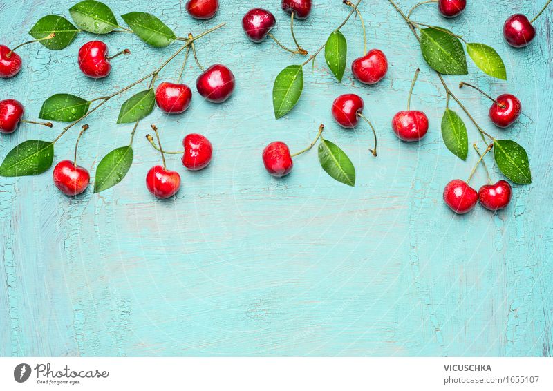 Sweet cherries on blue Food Fruit Dessert Nutrition Breakfast Organic produce Vegetarian diet Diet Style Design Healthy Eating Life Summer Decoration Table