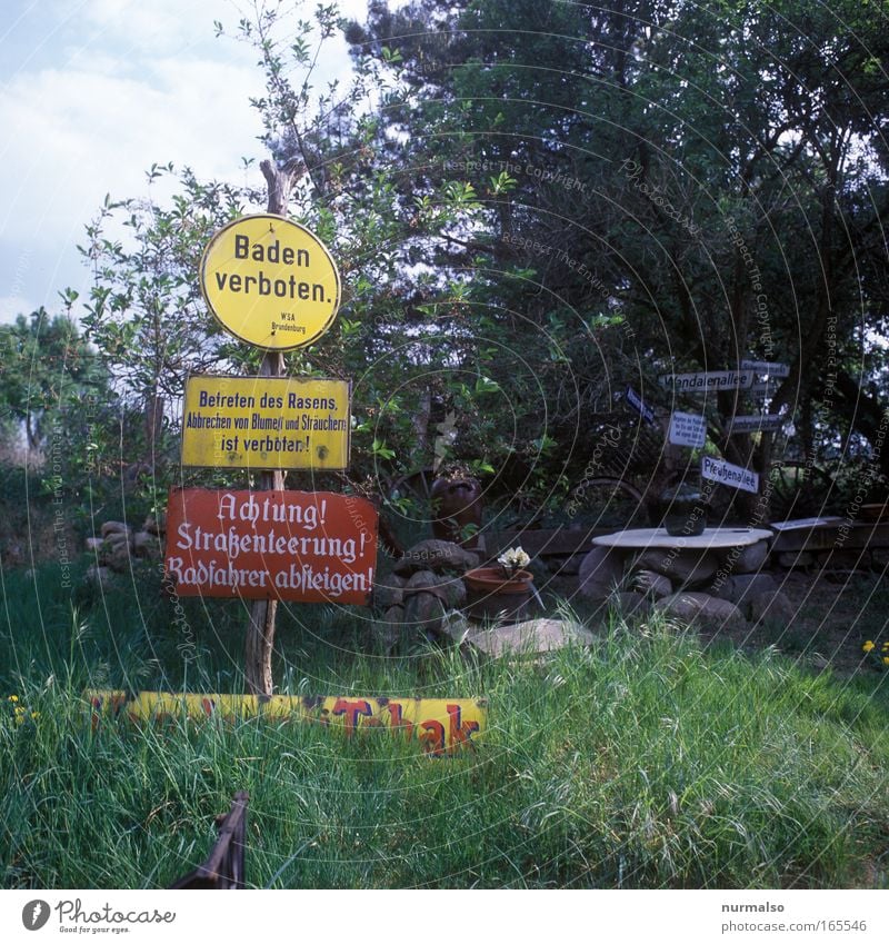 Bathing, entering, cycling Forbidden ! Colour photo Exterior shot Deserted Garden Decoration Craftsperson Construction site Art Wild plant Meadow Brandenburg