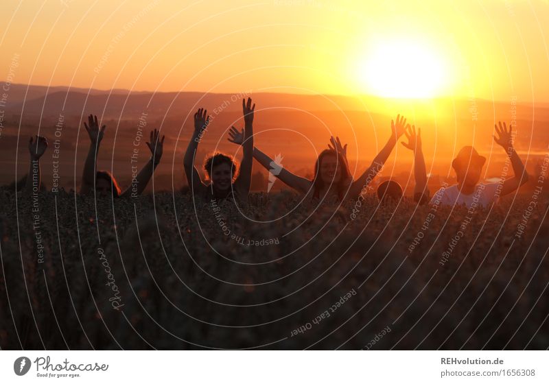 and now everybody's waving... Human being Hand 6 Group 18 - 30 years Youth (Young adults) Adults Environment Nature Sun Summer Beautiful weather Field Free