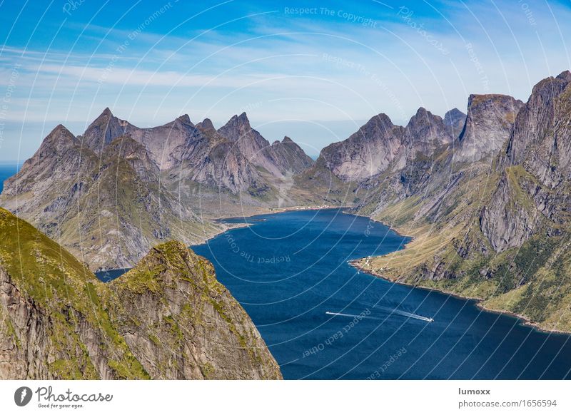 Kirkefjord Nature Landscape Water Summer Rock Mountain Peak Fjord Ocean Blue Gray Green Lofotes Scandinavia Norway Watercraft Bay Arctic circle Colour photo Day