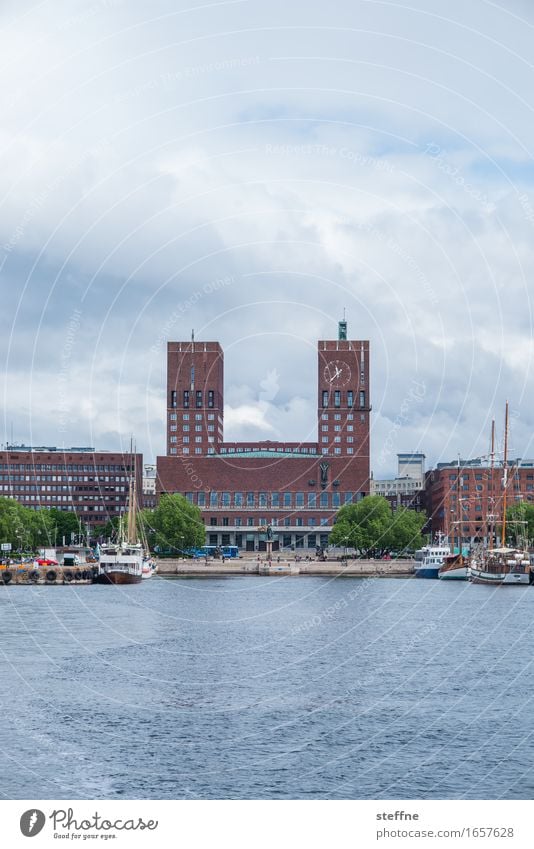 peace Water Sky Clouds Coast House (Residential Structure) City hall Peace Oslo Norway Fjord Boating trip Arrival Harbour Nobel Peace Prize nobel prize