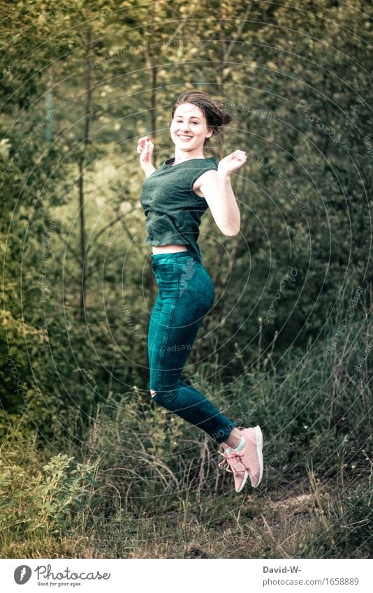 joy Elegant Healthy Life Well-being Contentment Human being Feminine Woman Adults Youth (Young adults) 1 Nature Summer Forest Jump Beautiful Athletic Attractive