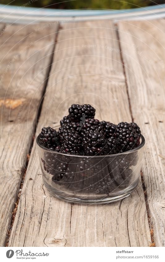 Clear glass bowl of ripe blackberries Food Fruit Nutrition Eating Breakfast Picnic Organic produce Vegetarian diet Diet Bowl Plant Wood Glass Red Black