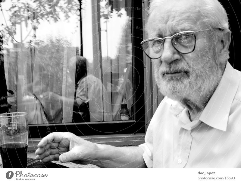 my_granddad Grandfather Man Beer Portrait photograph Reflection Summer Eyeglasses Facial hair Shirt Human being Black & white photo Glass older semester