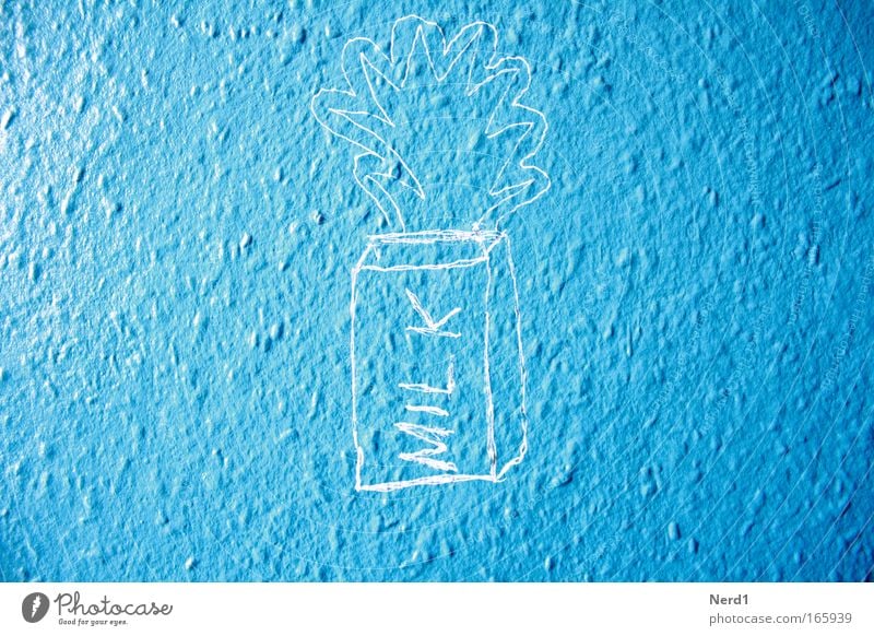 milk Colour photo Interior shot Detail Copy Space left Copy Space right Day Sunlight Deep depth of field Milk Graffiti Blue Light blue Bright background Word