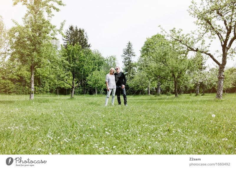 Pensioner couple in the park Lifestyle Elegant Style Female senior Woman Male senior Man Couple Partner 60 years and older Senior citizen Nature Landscape