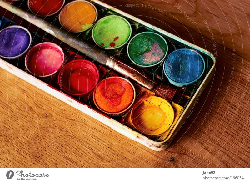 watercolour box Colour photo Interior shot Detail Copy Space left Copy Space bottom Neutral Background Bird's-eye view Art Artist Painter Work of art