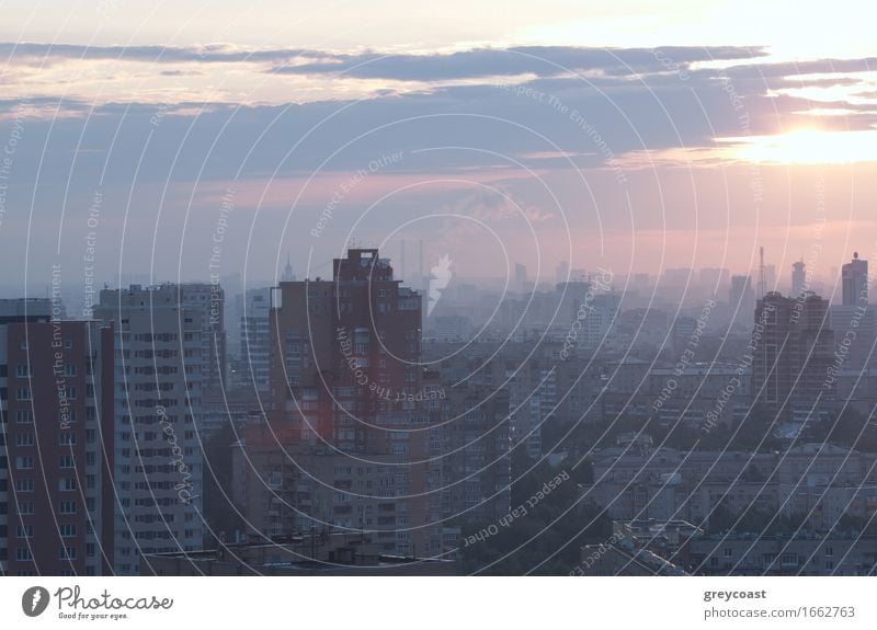 Sunrise over the city. High angle. Aerial view. Blue gray colors. House (Residential Structure) Landscape Sky Clouds Horizon Small Town Capital city Downtown