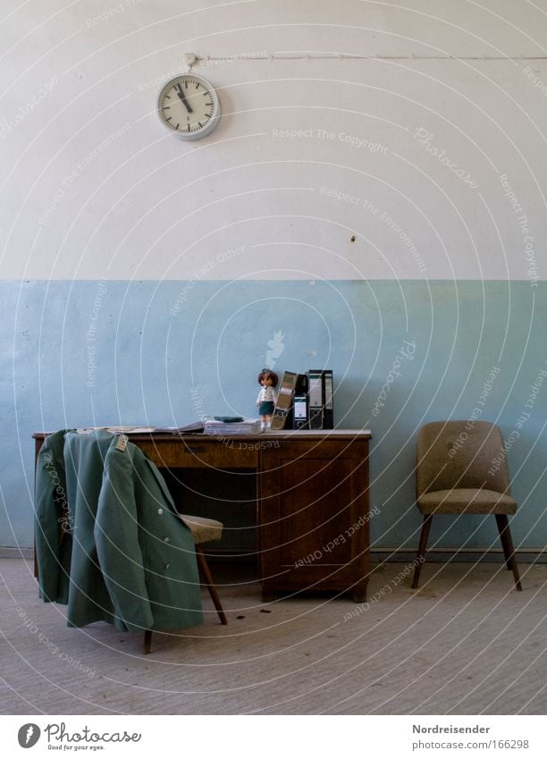 Jacket of a uniform over the chair at an old desk Colour photo Interior shot Deserted Shadow Contrast Sunlight Lifestyle Elegant Design