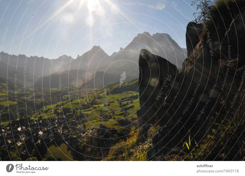 Did someone clean the lens? Environment Nature Landscape Sun Sunrise Sunset Sunlight Summer Beautiful weather Grass Hill Rock Mountain Peak Village Green