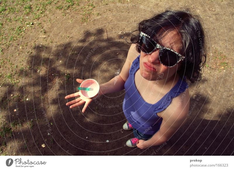 strawberry soup Colour photo Exterior shot Copy Space left Day Sunlight Deep depth of field Bird's-eye view Portrait photograph Full-length Looking