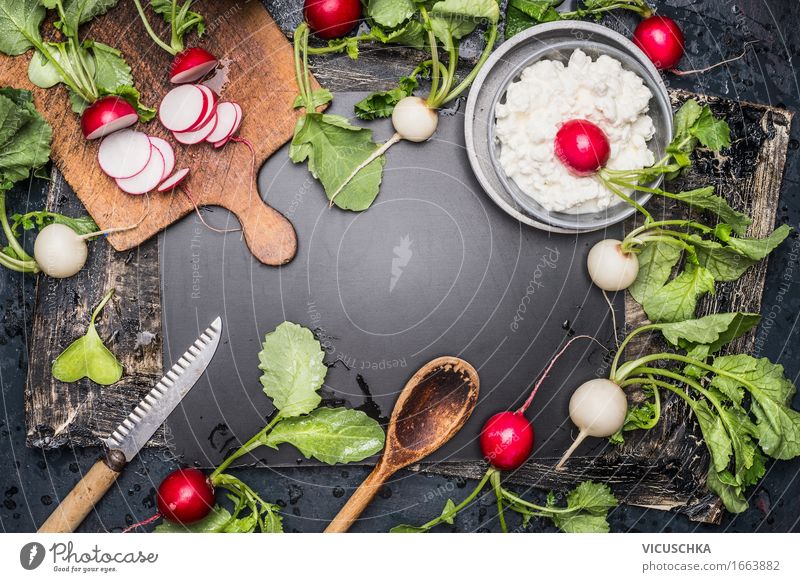 Fresh radishes, kitchen utensils and cream cheese Food Vegetable Lettuce Salad Herbs and spices Nutrition Lunch Organic produce Vegetarian diet Diet Crockery