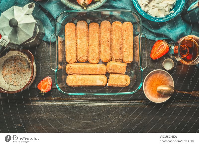 Bowl with Tiramisu biscuits Ingredients and cooking utensils Food Dessert Candy Nutrition To have a coffee Italian Food Crockery Plate Cup Glass Cutlery Spoon