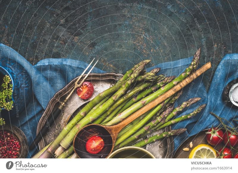 Asparagus on the kitchen table Food Vegetable Lettuce Salad Nutrition Organic produce Vegetarian diet Diet Crockery Plate Fork Style Design Healthy