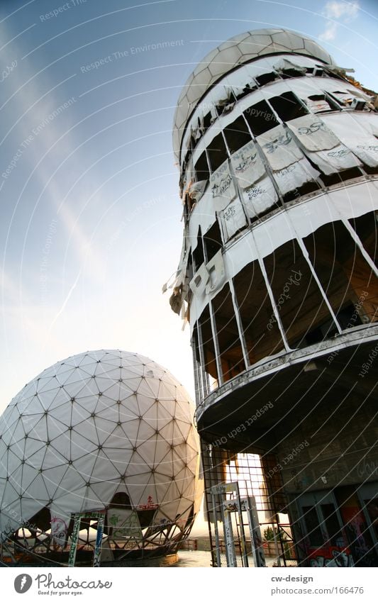 Architectural Footballs Colour photo Multicoloured Exterior shot Deserted Copy Space left Copy Space top Day Worm's-eye view Wide angle Outskirts High-rise Ruin