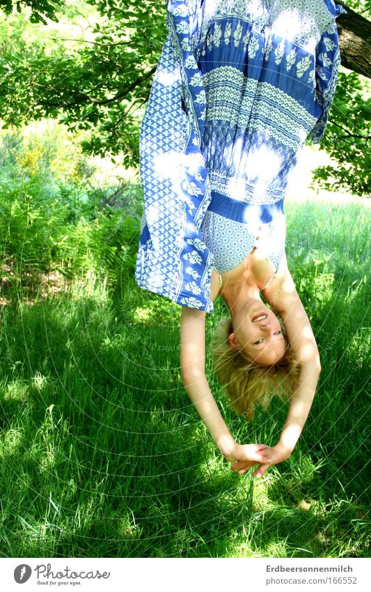 Let your soul dangle Colour photo Exterior shot Day Nature Sun Summer Beautiful weather Tree Meadow To enjoy Hang Smiling Illuminate Authentic Friendliness