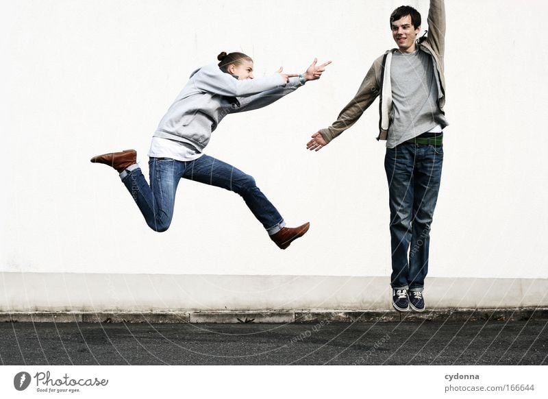 Bang! Colour photo Copy Space bottom Isolated Image Neutral Background Day Contrast Shallow depth of field Central perspective Full-length Front view