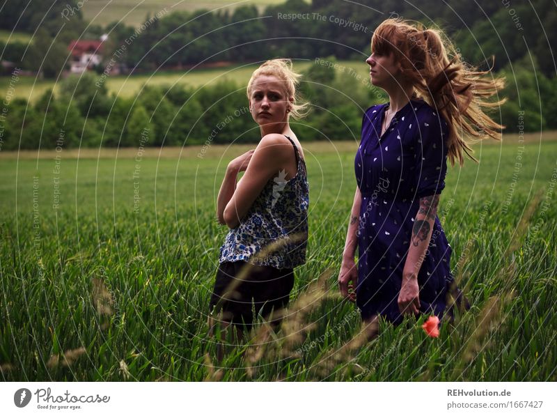 before the storm Human being Feminine Young woman Youth (Young adults) Woman Adults 2 18 - 30 years Environment Nature Landscape Storm Wind Gale Field Dress