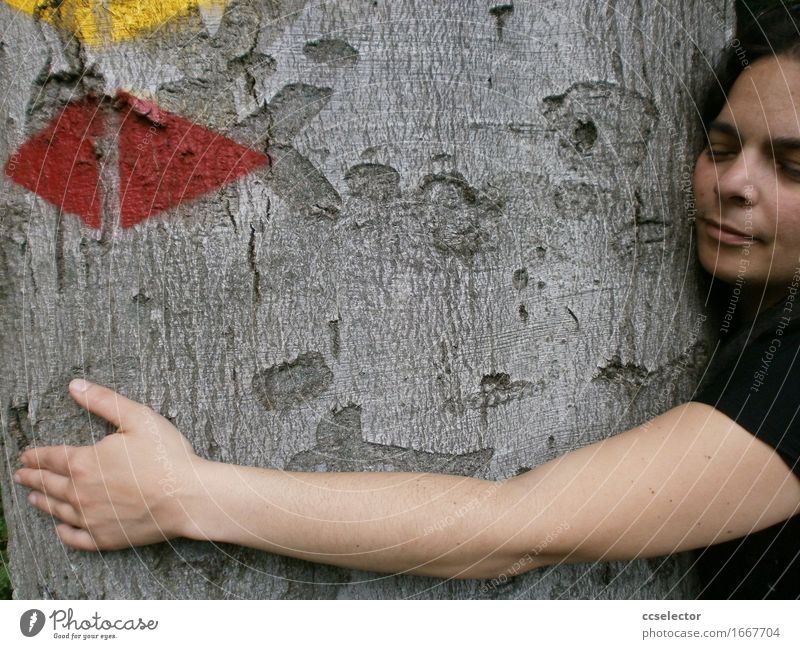 A young woman hugs a tree Environment Nature Tree Forest Sign Arrow Moody Attentive Relationship Peace Contentment sustainability dreaminess Harmonious