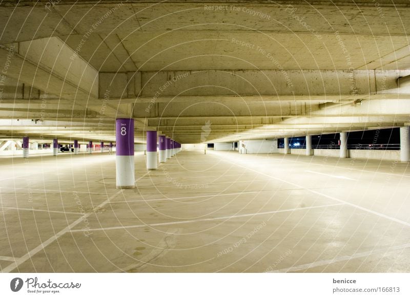 parkinger Parking garage Parking lot Empty Night Concrete Architecture Lamp Arrow One-way street Ground Ceiling Night shot Threat Deserted Violet Colour Dye