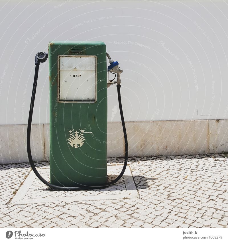 lonely gas pump Deserted Retro Clean Gray Green White Services Refuel Petrol station Petrol pump Gasoline Diesel Premium gasoline Heraldic animal Slope Tilt