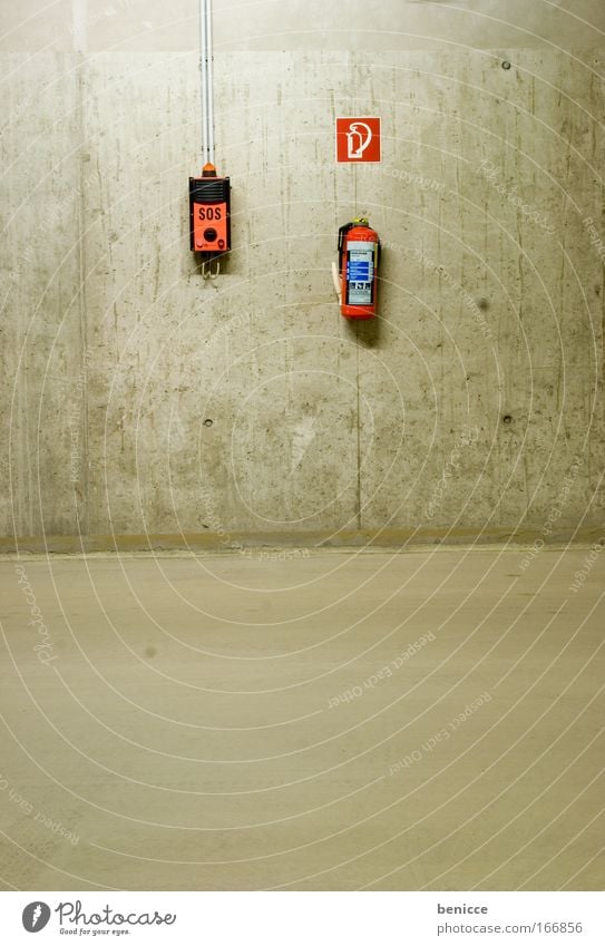 SOS Parking garage Parking lot Empty Night Concrete Lamp Arrow One-way street Floor covering Ceiling Night shot Threat Deserted Extinguisher Alarm