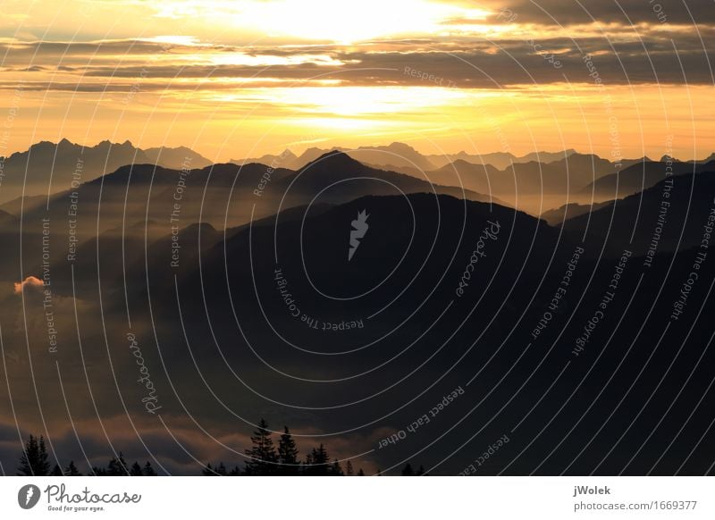 Sunrise in the Alps Landscape Sky Clouds Sunset Sunlight Summer Beautiful weather Mountain Peak Movement Hiking Esthetic Infinity Natural Yellow Gold Orange Joy