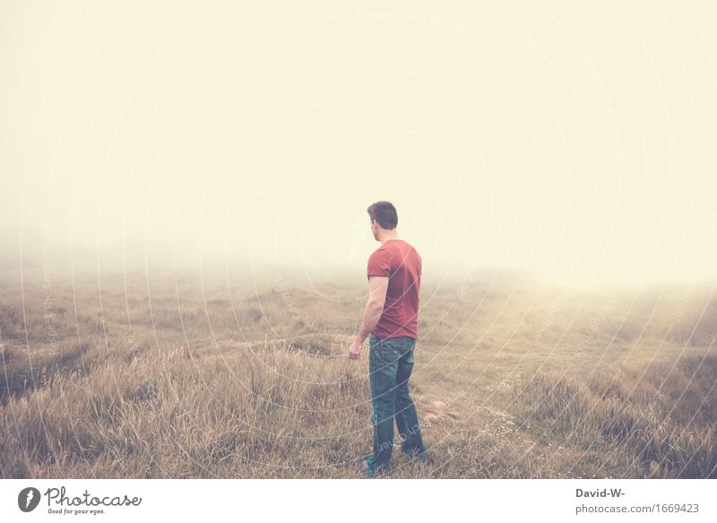 lost and abandoned Human being Masculine Man Adults Life 1 Art Work of art Environment Nature Landscape Fog Meadow Hiking Loneliness Deserted single-handed Lost