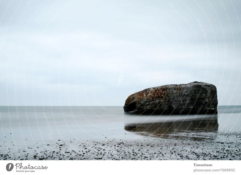 Berth. Vacation & Travel Environment Elements Sand Water Sky Clouds Beach North Sea Denmark Stone Concrete Lie Esthetic Blue Gray Dugout Heavy Colour photo