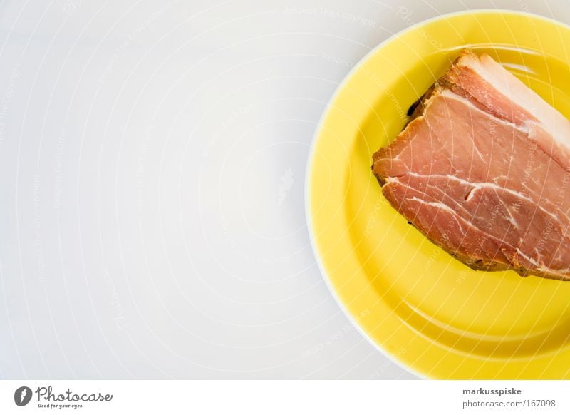 smoked meat Studio shot Copy Space left Day Shallow depth of field Long shot Food Meat Lunch Buffet Brunch Plate Gastronomy Yellow White