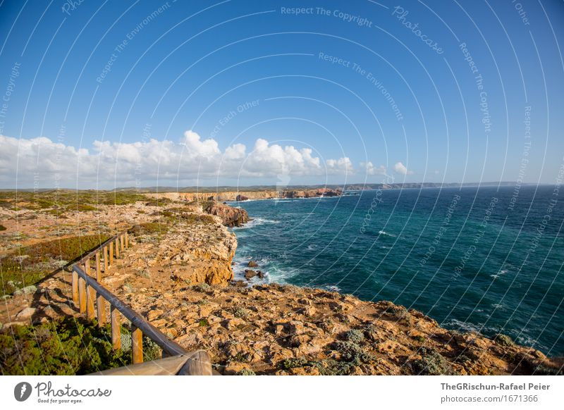 Coast Portugal Environment Nature Landscape Sand Water Blue Brown Green Orange Turquoise Waves Cliff Fence Vantage point Far-off places Beautiful Algarve