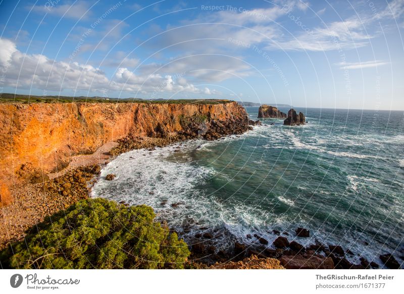 coastline Environment Nature Landscape Water Blue Brown Yellow Gold Turquoise White Portugal Algarve Coast Cliff Rock Ocean White crest Moody Vacation & Travel