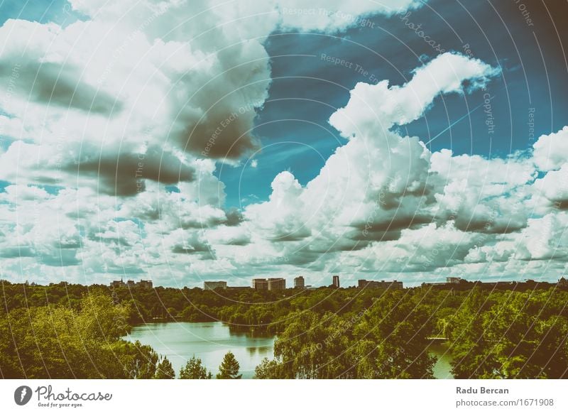 Bucharest City Skyline With Blue Sky And White Clouds Environment Nature Landscape Water Sunlight Summer Weather Beautiful weather Tree Park Romania Europe Town