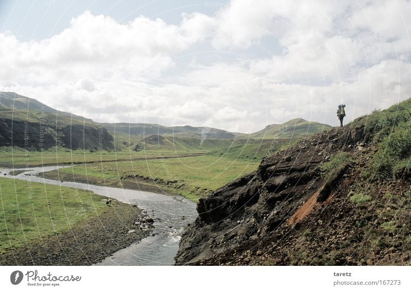 Lonely Wanderer Adventure Far-off places Freedom 1 Human being Nature Landscape Hill Mountain Valley River Discover Going Hiking Infinity Uniqueness Natural