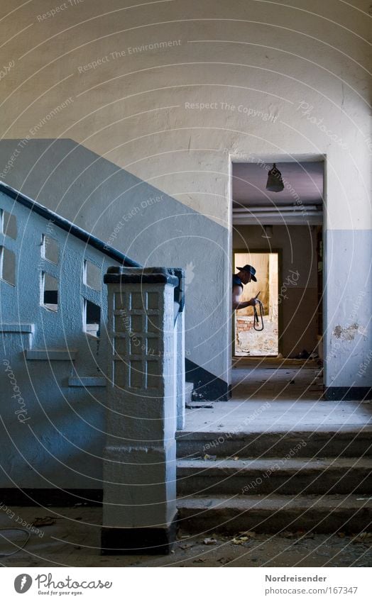 Hunter behind the door Colour photo Interior shot Experimental Copy Space top Day Shadow Contrast Silhouette Sunlight Sunbeam Upper body Half-profile Lifestyle