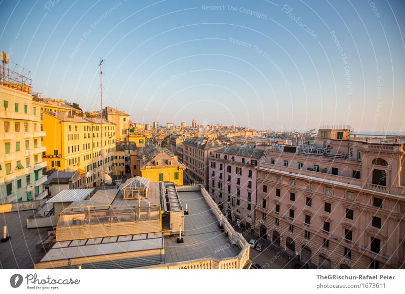 Sunset IV Town Port City Blue Brown Yellow Gold Orange White Genua Italy Building Architecture Window Art Beautiful Ancient Moody Colour photo Exterior shot