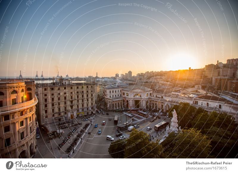 Sunset II Town Port City Blue Brown Yellow Gold Gray Green Black White Genua Italy Moody Romance Statue Places Window Building House (Residential Structure)