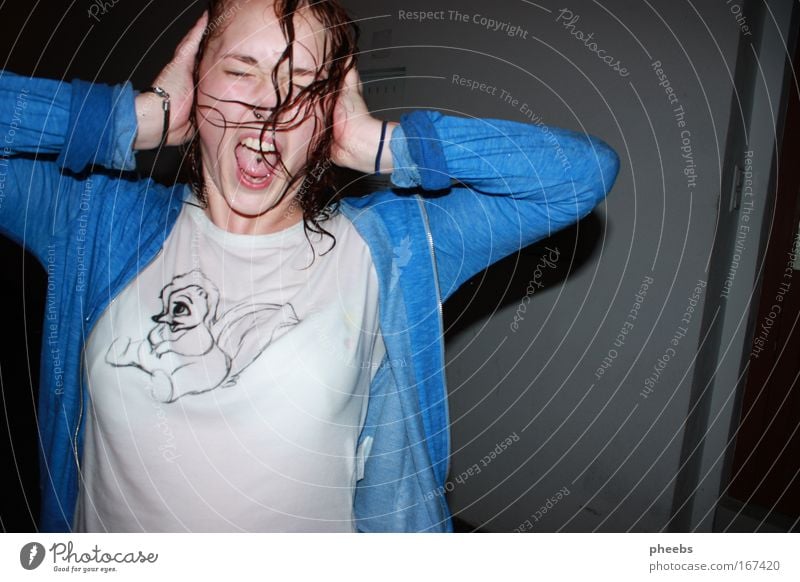 silent shout Woman Wet Rain Scream Loud Evening Night Flash photo Hair and hairstyles Face Vest Aggression Curl Exterior shot