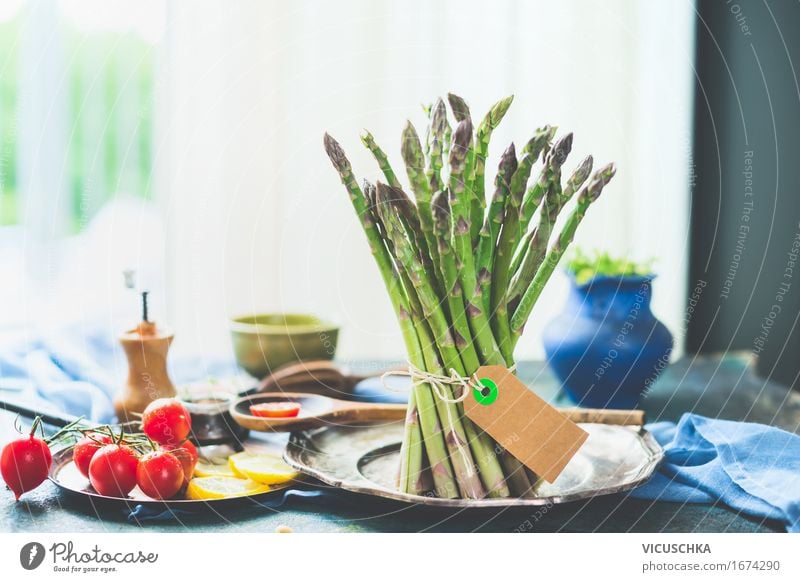 Asparagus with ingredients on the kitchen table at the window Food Vegetable Lettuce Salad Herbs and spices Nutrition Lunch Organic produce Vegetarian diet Diet