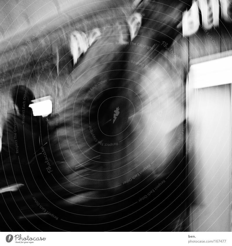 waiting position Black & white photo Morning Long exposure Motion blur Human being 2 Traffic jam Rail transport Train station Station hall Platform Wait Dark