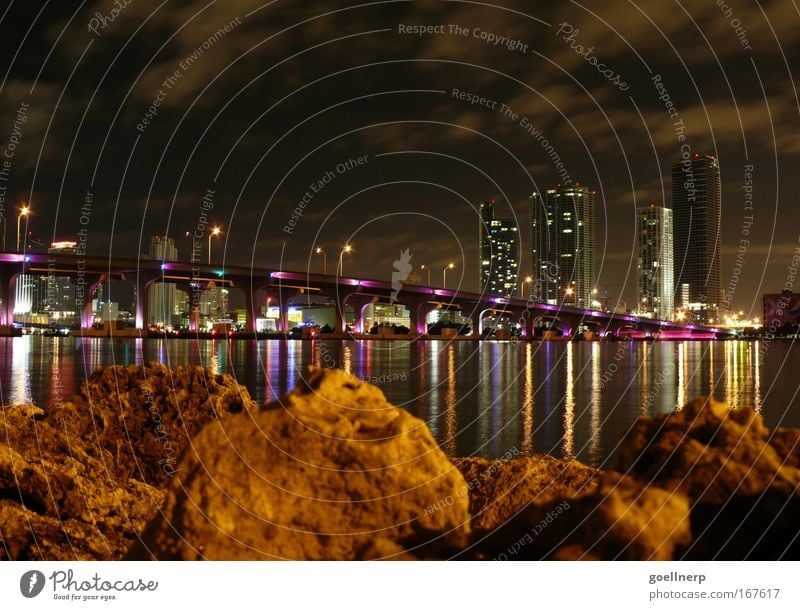 Miami Colour photo Exterior shot Deserted Night Town Port City Skyline Bridge Architecture Luxury