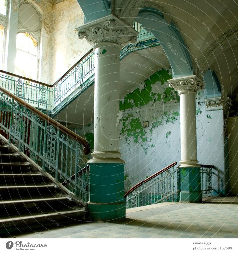 escalator Colour photo Multicoloured Interior shot Deserted Copy Space middle Day Light Shadow Central perspective Ruin Manmade structures Building Architecture