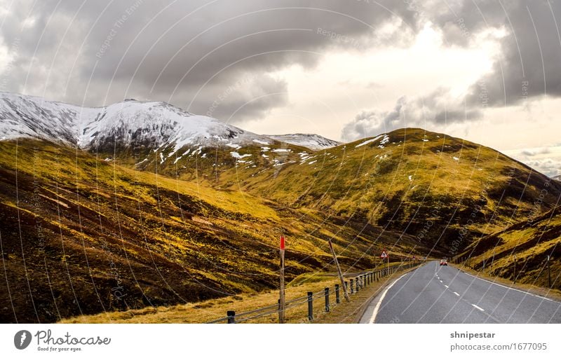 Highland Road Vacation & Travel Tourism Adventure Far-off places Mountain Hiking Climbing Mountaineering Nature Landscape Sky Clouds Sun Weather Snow Highlands