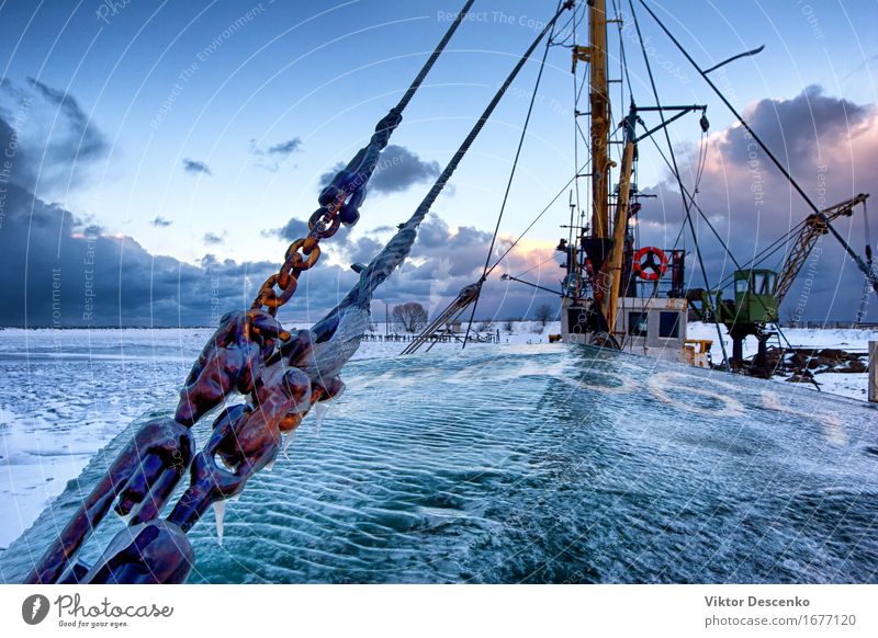 Fishing vessel in the port of frozen Vacation & Travel Cruise Ocean Winter Snow Industry Rope Nature Landscape Sky Clouds Baltic Sea Village Harbour Transport