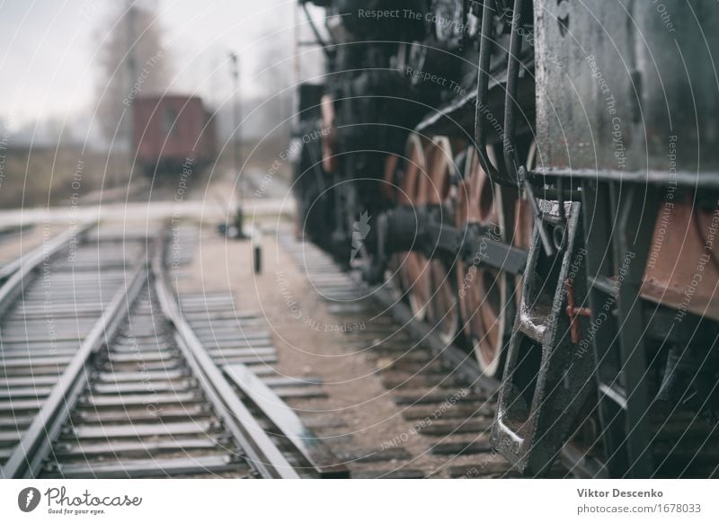 Steel stairs in Vintage steam train on wet rails Vacation & Travel Industry Hut Transport Vehicle Car Railroad Engines Wood Metal Old Retro White Station