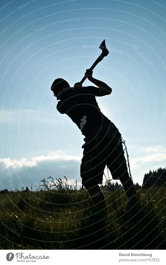 The hunt for the earthworm Colour photo Exterior shot Day Evening Shadow Contrast Silhouette Sunlight Central perspective Human being Masculine 1 Nature Meadow