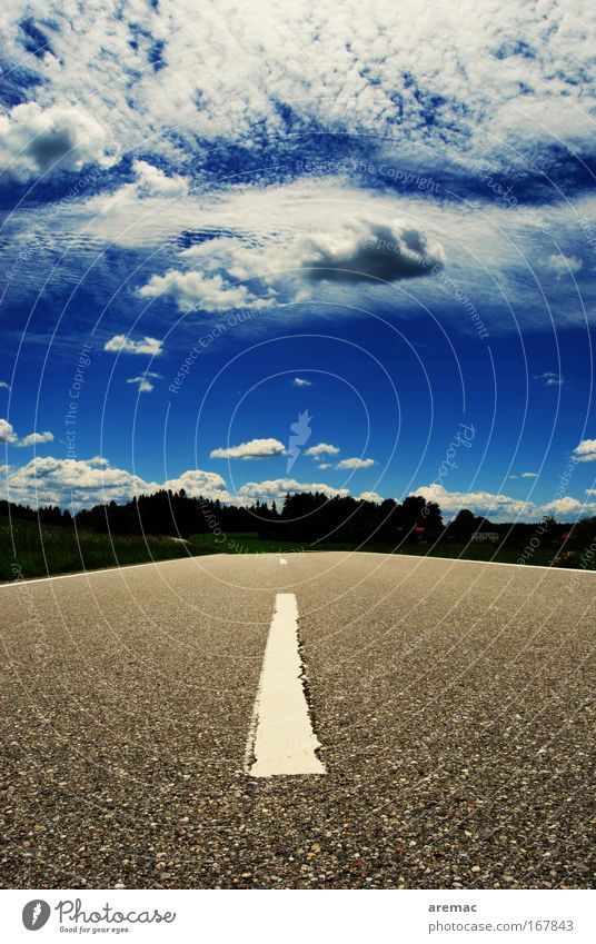 streetwalk Colour photo Exterior shot Deserted Day Worm's-eye view Trip Sky Clouds Summer Traffic infrastructure Street Driving Blue Gray Perspective