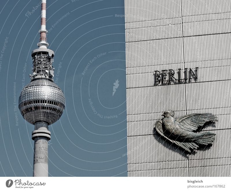 Berlin Postcard Subdued colour Exterior shot Deserted Day Germany Europe Capital city Downtown Berlin TV Tower Tourist Attraction Landmark Alexanderplatz Blue