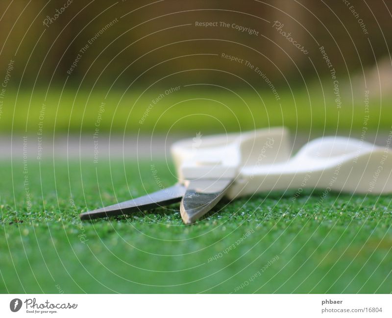 Open scissors lawn session Door handle White Cut Artificial lawn Grass Green Depth of field Things Scissors Corner Haircut Macro (Extreme close-up) Close-up