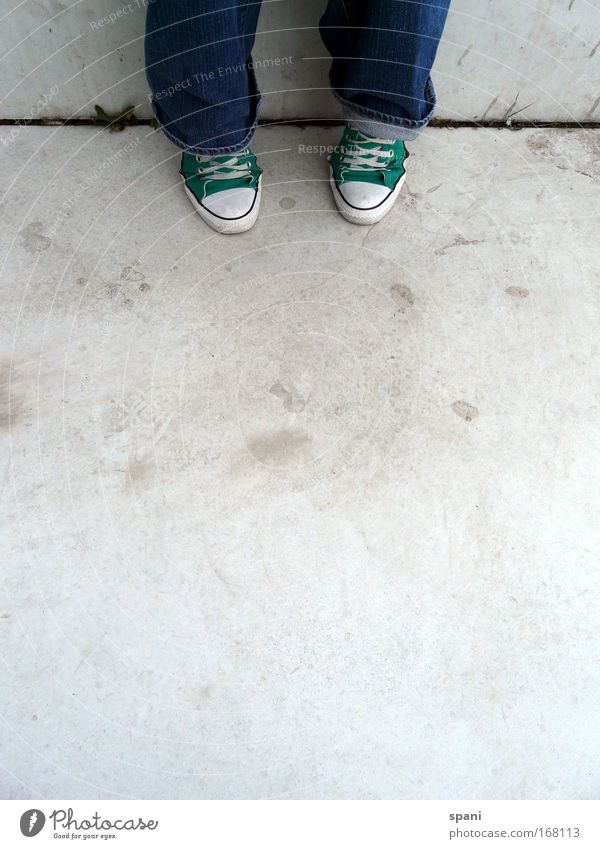 waiting Colour photo Subdued colour Exterior shot Copy Space bottom Copy Space middle Day Sunlight Bird's-eye view Legs Feet 1 Human being Grass Stairs Pants